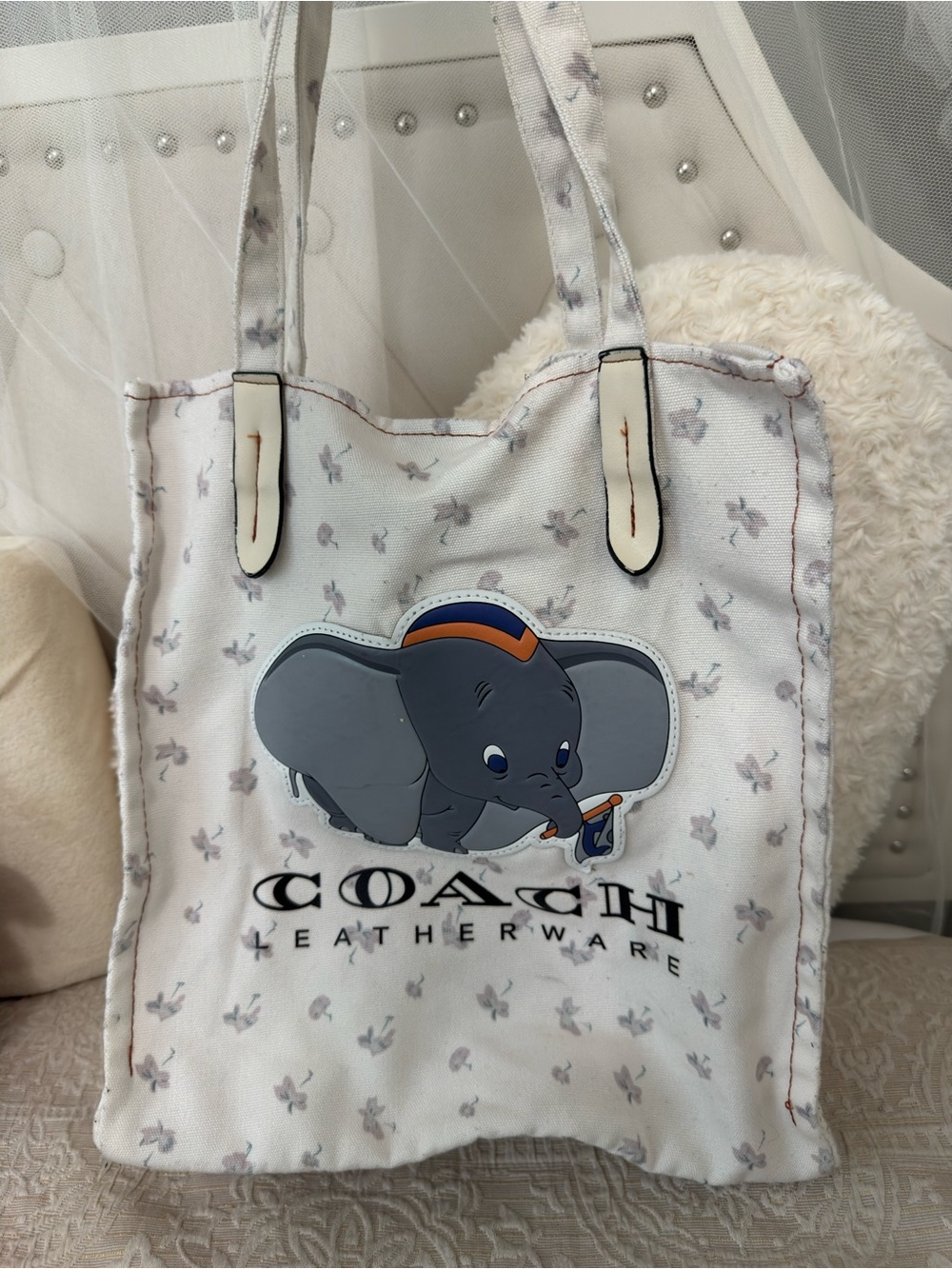 Coach White Canvas Tote with Gray Dumbo Graphic and Subtle Floral Print